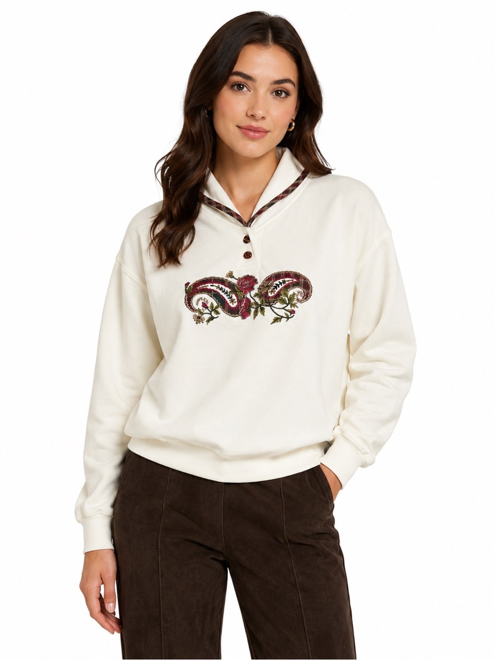 Jantzen Cream Embroidered Pullover with Burgundy & Olive Accents